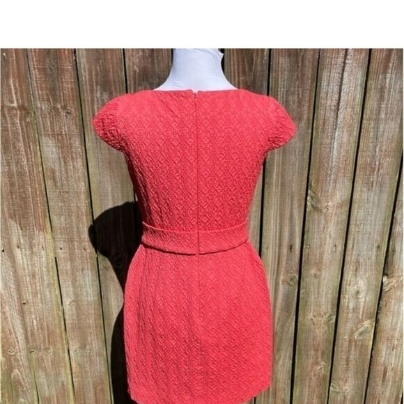 Kay Unger Deep Coral Textured Gold Belted Dress - Picture 10 of 16
